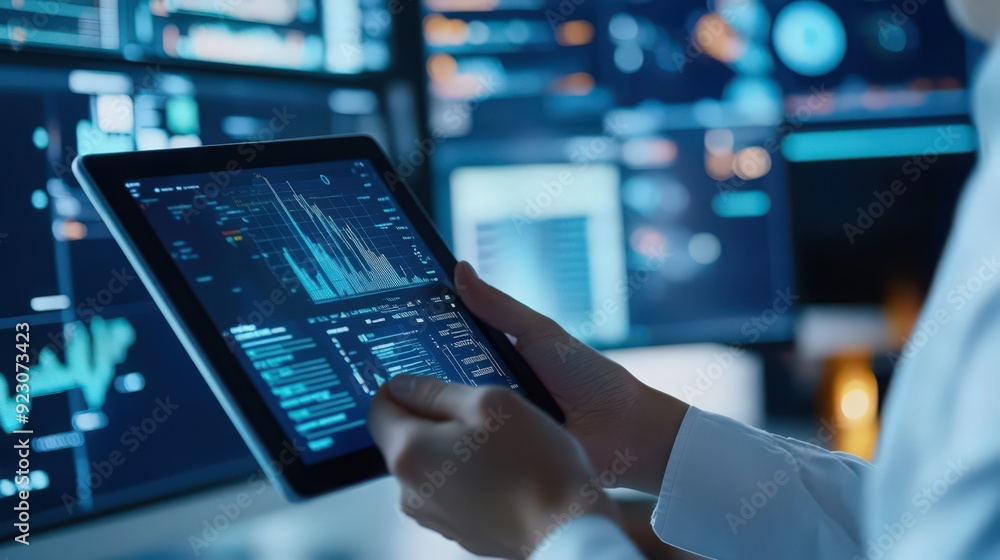 Poster software engineers manage big data with digital tablets, utilizing ai and advanced digital technolog