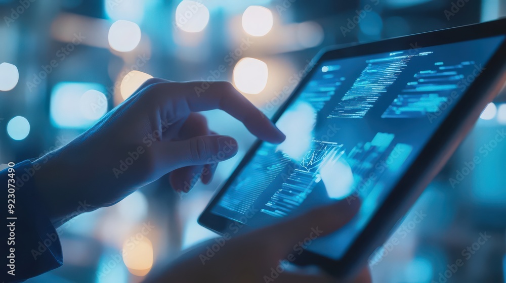 Poster software engineers use digital technology and ai on digital tablets to handle big data