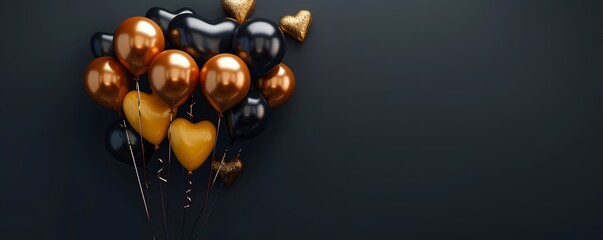 Naklejka premium Black and Gold Heart-Shaped Balloons Against a Dark Background