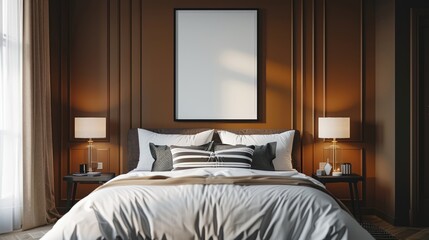 Bed in room. scandinavian bedroom.