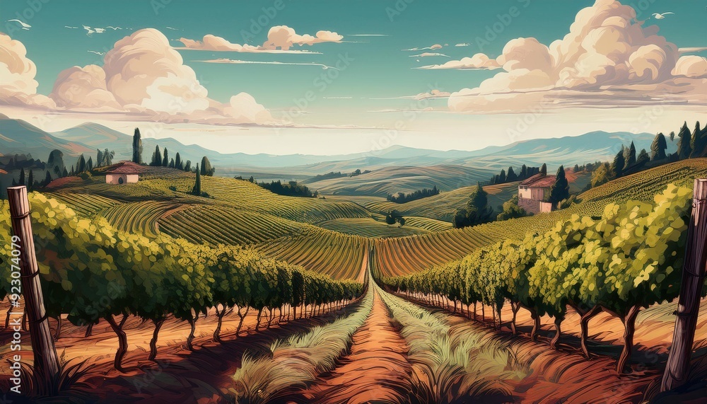 Wall mural an illustration of a picturesque vineyard with rows of grapevines and a simple backdrop to h