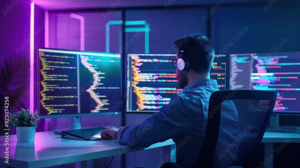 Poster hacker in a dark room with code on screens, cyber attacks, digital privacy