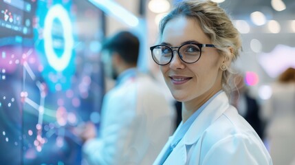 Healthcare Innovation Forum: A conference dedicated to healthcare innovations. The setting includes medical professionals discussing new technologies and approaches.