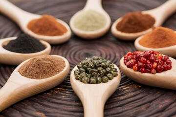 Various kind of spices on wooden spoon - detail of black, green and red pepper seeds