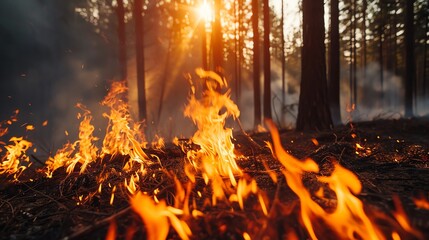 Burning forest fire, emphasizing the increasing frequency of wildfires.