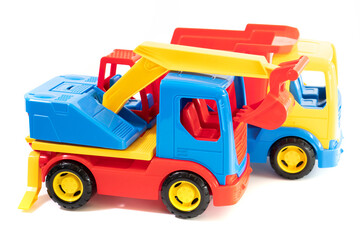 excavator toy.Dump truck toy isolated on white background. Construction industrial equipment for transporting materials