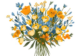 Obraz premium Bouquet of yellow and blue flowers. Stylish yellow and blue flowers bouquet cartoon watercolour illustration isolated on white background