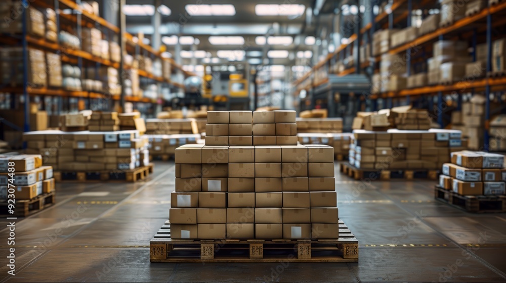 Poster warehouse with neatly stacked cardboard boxes on pallets during daytime