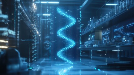 Advanced genetic research, floating DNA holograms, minimalistic hightech laboratory, scifi aesthetic