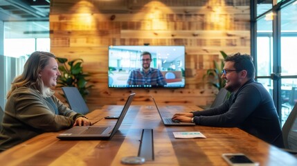 Hybrid meeting with remote participants on screen, inclusive and interactive.