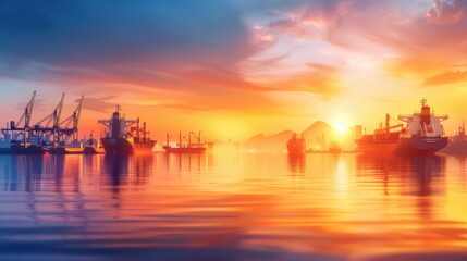Obraz premium Industrial harbor with cargo ships and cranes, sunset lighting, realistic, 8K, UHD