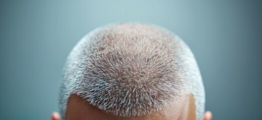 Macro shot of a balding man's scalp with fresh hair grafts, showing intricate detail of hairline restoration. High-Detail, Photography, Neutral Colors, Sharp Focus