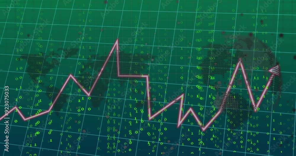 Poster financial chart and binary code animation over world map background