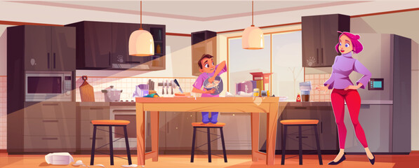 Boy cooking in messy kitchen. Vector cartoon illustration of upset mother looking at son stirring meal in bowl, food stains and spills on dirty table, waste package on floor, handprints on furniture