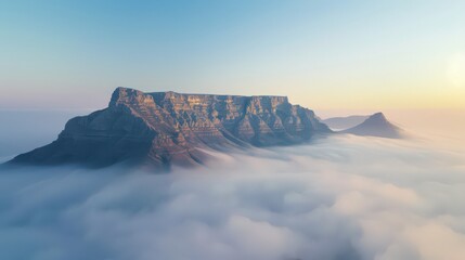 Fototapeta premium Table Mountain enveloped in early morning fog, creating a serene and ethereal atmosphere with the mountain emerging through the mist.