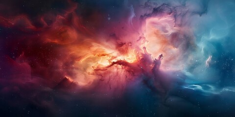 A colorful galaxy with a red and orange cloud in the middle