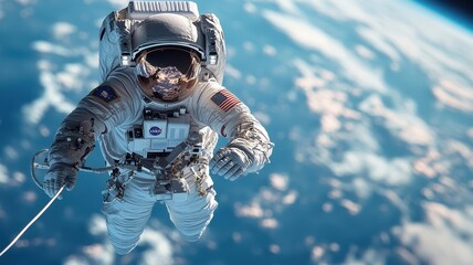 Astronaut on spacewalk, framed by Earth's curvature and vast space.