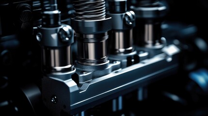 Fototapeta premium Close-up of a car engine with the pistons and valve cover in focus.