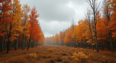 Fototapeta premium Vibrant autumn forest, tall trees with orange leaves, soft focus background, ideal for nature-themed marketing, evokes tranquility, warmth, seasonal appeal, copy space.