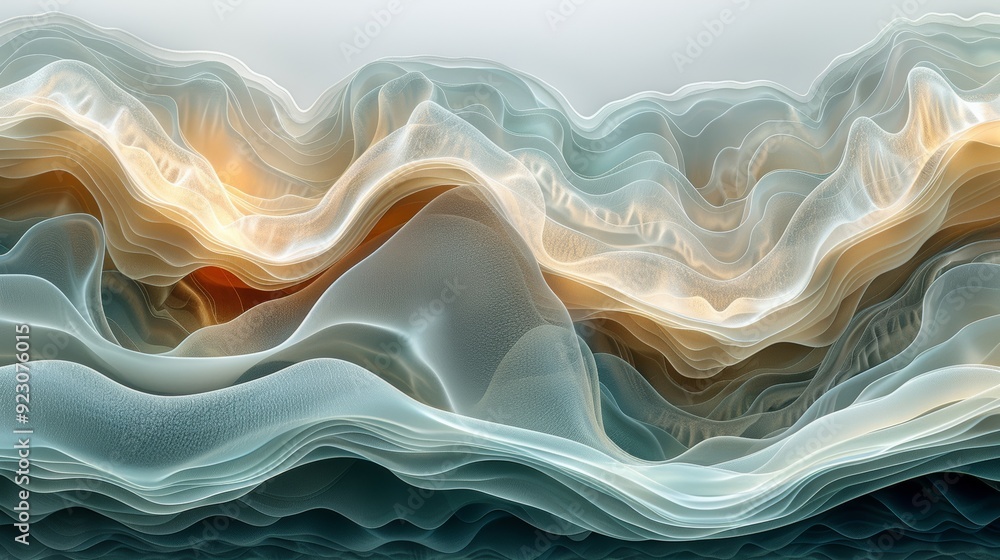 Poster abstract representation of flowing waves in soft colors, evoking movement and depth in a serene envi
