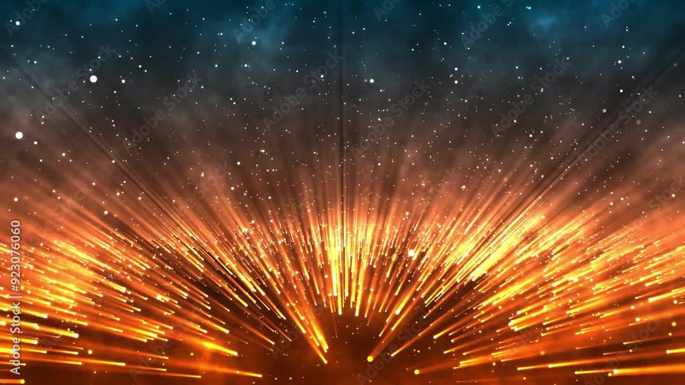 Poster abstract digital background with glowing neon particles flying upwards. motion of glowing bright par