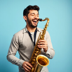 Young musician is playing a saxophone with a blue background
