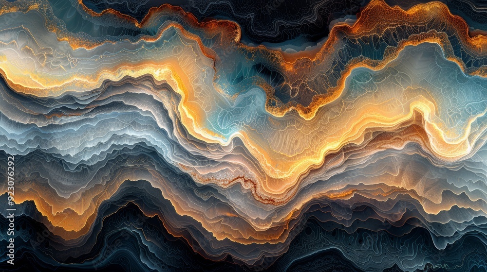 Poster abstract patterns of blue and orange waves create a dynamic landscape in a digital artwork