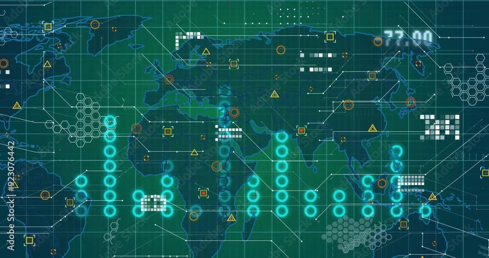 Poster world map with data points and bar chart animation over green grid background