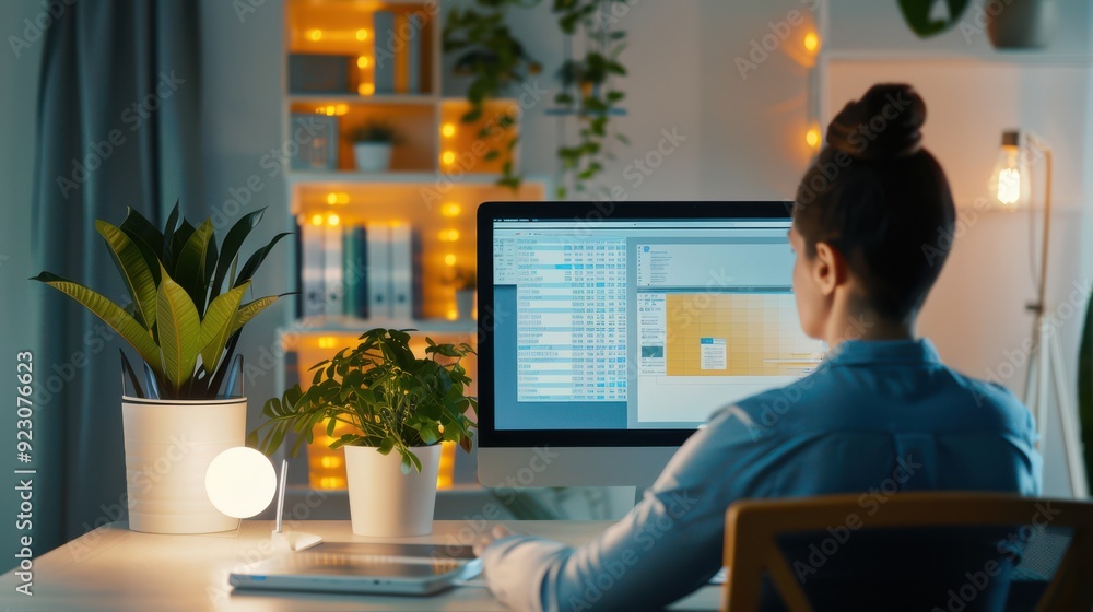 Poster telecommuting setup with project management software on screen, focused and efficient.