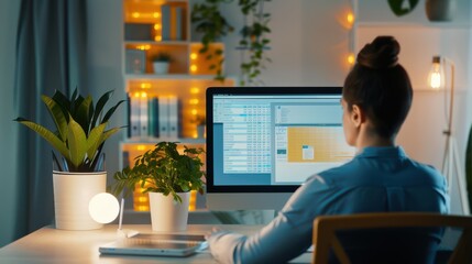 Fototapeta premium Telecommuting setup with project management software on screen, focused and efficient.