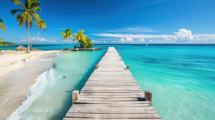 Naklejka premium Tropical beach with a wooden pier extending into the ocean, tranquil and picturesque.