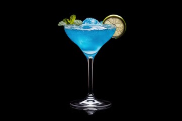 Blue Lagoon Cocktail - A summer alcoholic drink with vodka, tonic, and water on black background