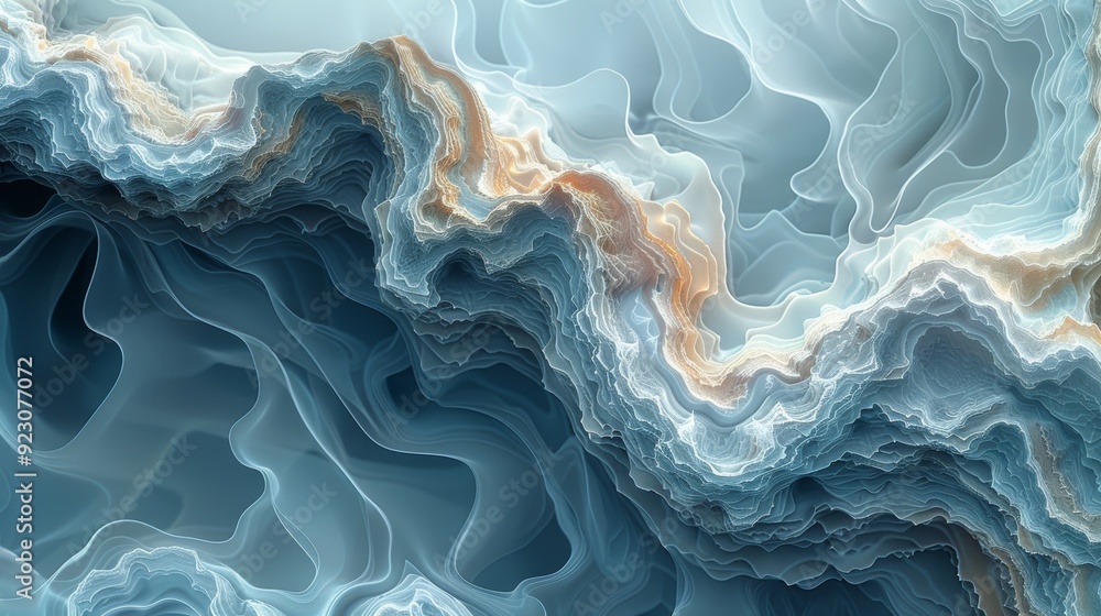 Poster swirling blue and white abstract design resembling ocean waves captured in a textured pattern with s