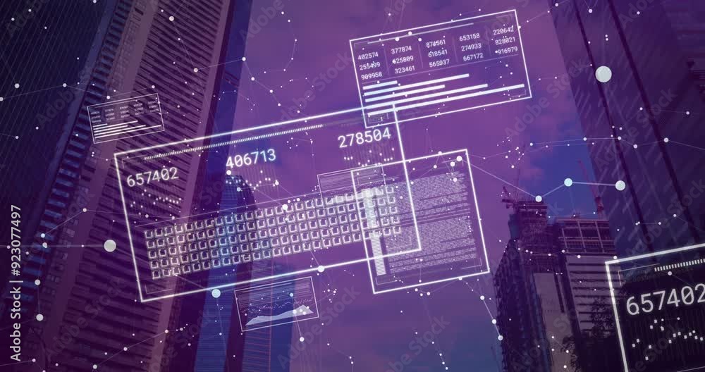 Poster digital data and network connections animation over skyscrapers in cityscape