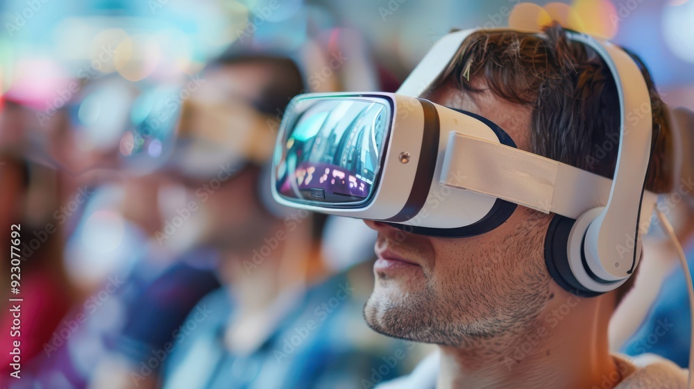 Poster vr headset with user in a virtual event, interactive and immersive.