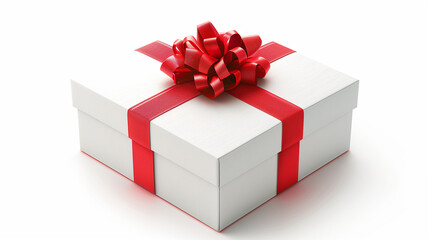 Fototapeta premium White gift box with red bow . isolated on white background, White gift box with a red bow on white background. 3D rendering, White gift boxes with red ribbon on pink background. 3d rendering. 