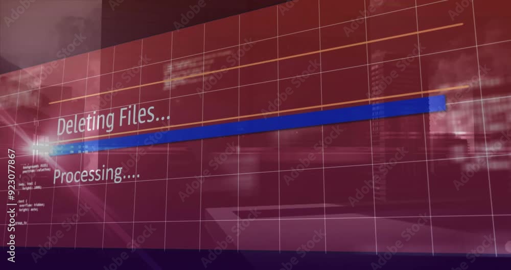 Poster deleting files, processing animation over red grid background