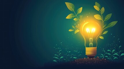 A bright tree sprouts from a glowing light bulb, symbolizing growth, ideas, and innovation. This flat design illustration conveys the concept of nurturing thoughts into something bigger. The tree's