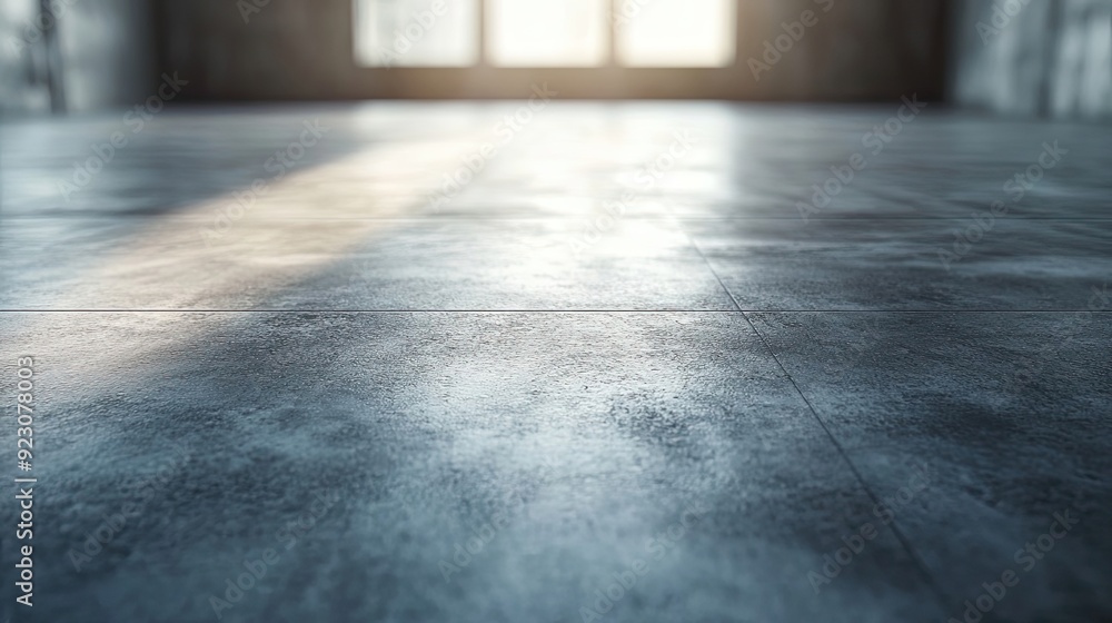 Poster a close-up of a gray tile floor with a blurred window in the background.