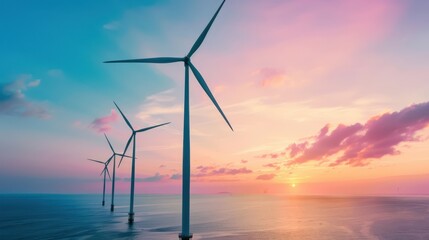 Fototapeta premium Wind turbines on a coastal landscape, renewable energy and sustainable solutions.