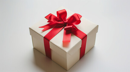 Fototapeta premium White gift box with red bow . isolated on white background, White gift box with a red bow on white background. 3D rendering, White gift boxes with red ribbon on pink background. 3d rendering.
