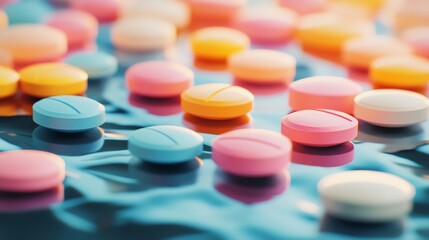 Colorful pharmaceutical pills scattered on reflective surface under sunlight, symbolizing medication, treatment, and healthcare concepts.