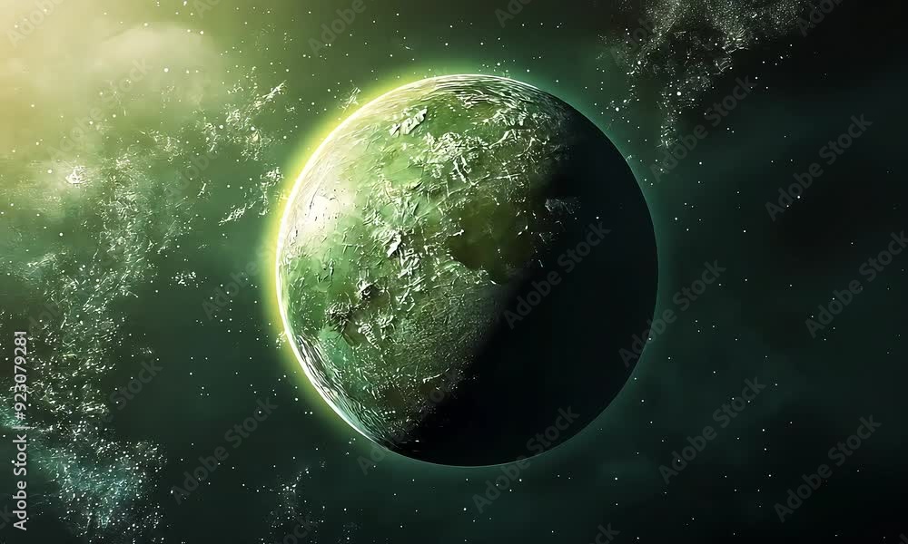 Wall mural artistic rendering of a mysterious green planet illuminated by a distant star