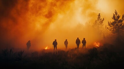 Fototapeta premium Silhouettes of Firefighters Battling a Forest Fire