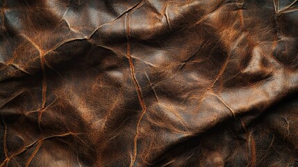 Close-up Texture of Worn Brown Leather with Wrinkles and Stitching