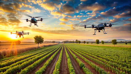 Drone Agriculture: The Future of Farming: A drone soars above a lush green field