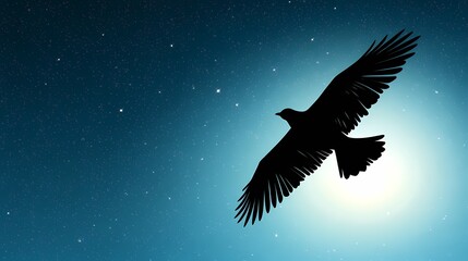 Fototapeta premium Silhouetted bird flying high against a starry night sky.