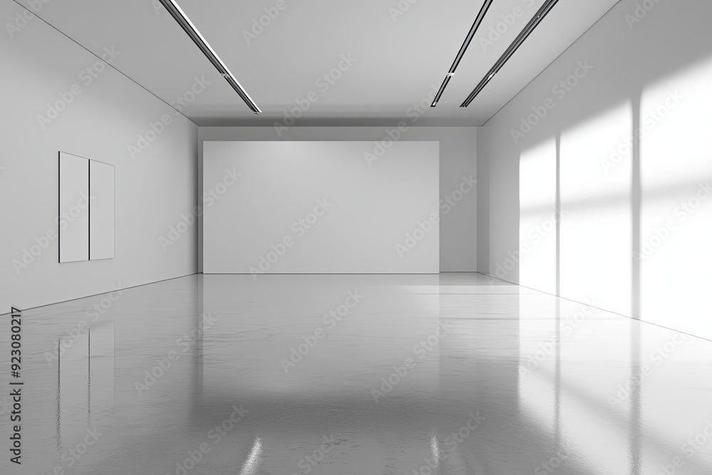 Poster minimalist gallery space with polished floors and natural light highlighting empty walls during the 