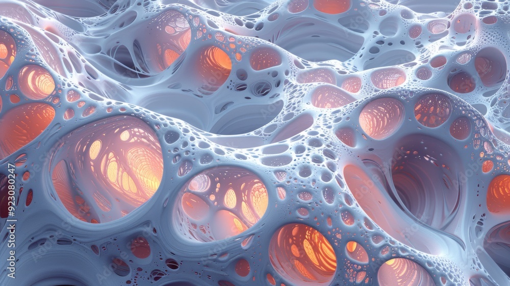 Poster abstract view of illuminated, organic shapes resembling cellular structures in soft colors