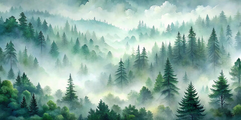 Obraz premium Misty Mountain Forest: A breathtaking landscape of lush green pines shrouded in ethereal mist, creating a serene and mystical atmosphere. The soft light filtering through the fog adds an air of tranqu